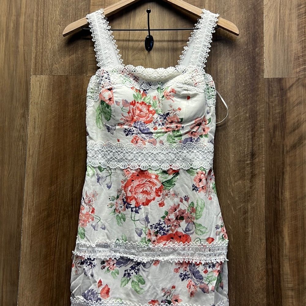 LIPSY - Floral Lace Trim Linen Midi Dress
